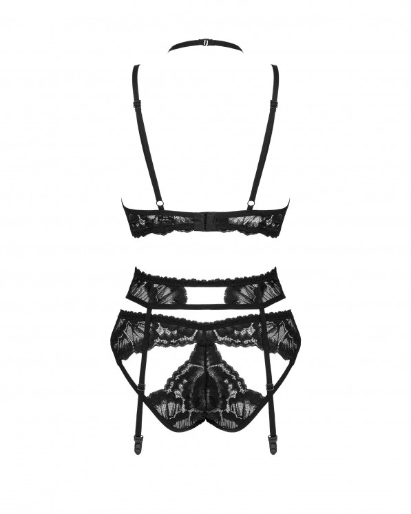 Obsessive Set In Pizzo Nero Con Reggicalze E Sexy Stringhe Alessya