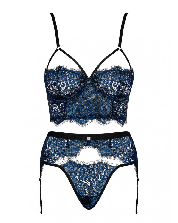 Obsessive Elegante Set In Pizzo Blu E Nero Con Reggicalze Yassmyne