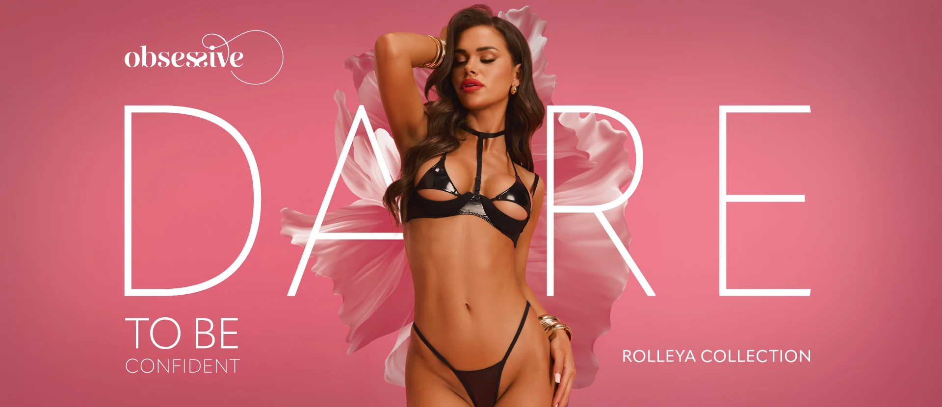 Obsessive Rolleya: lingerie nera lucida con choker e coppe aperte
